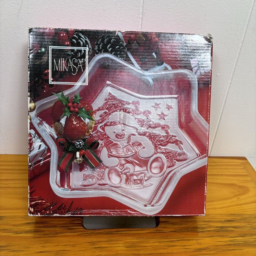 Mikasa Christmas Star Teddy Bear Frosted Crystal Sweet Dish in Box 9-1/4 Holiday